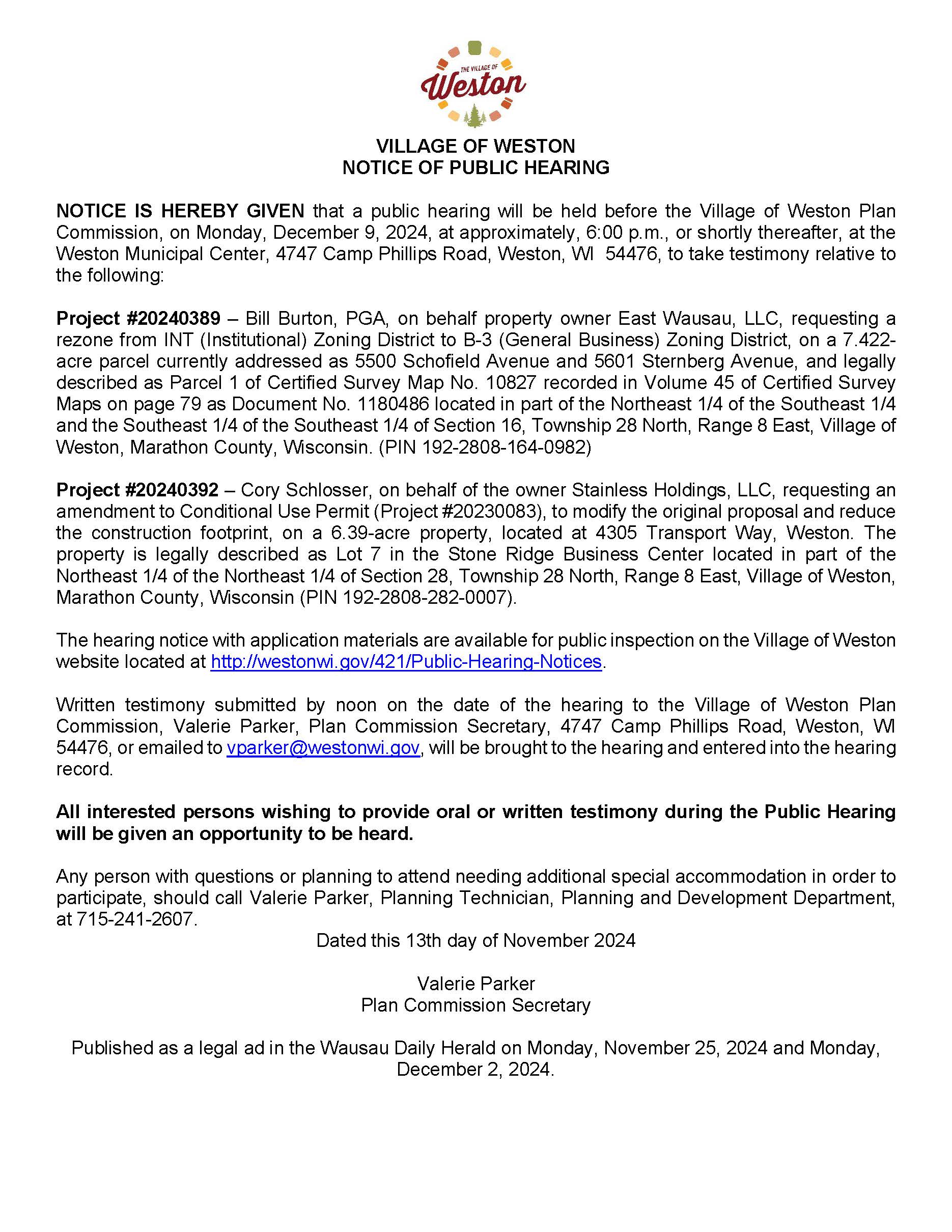 12-9-24 Hearing Notice Village - CUP and Rezone