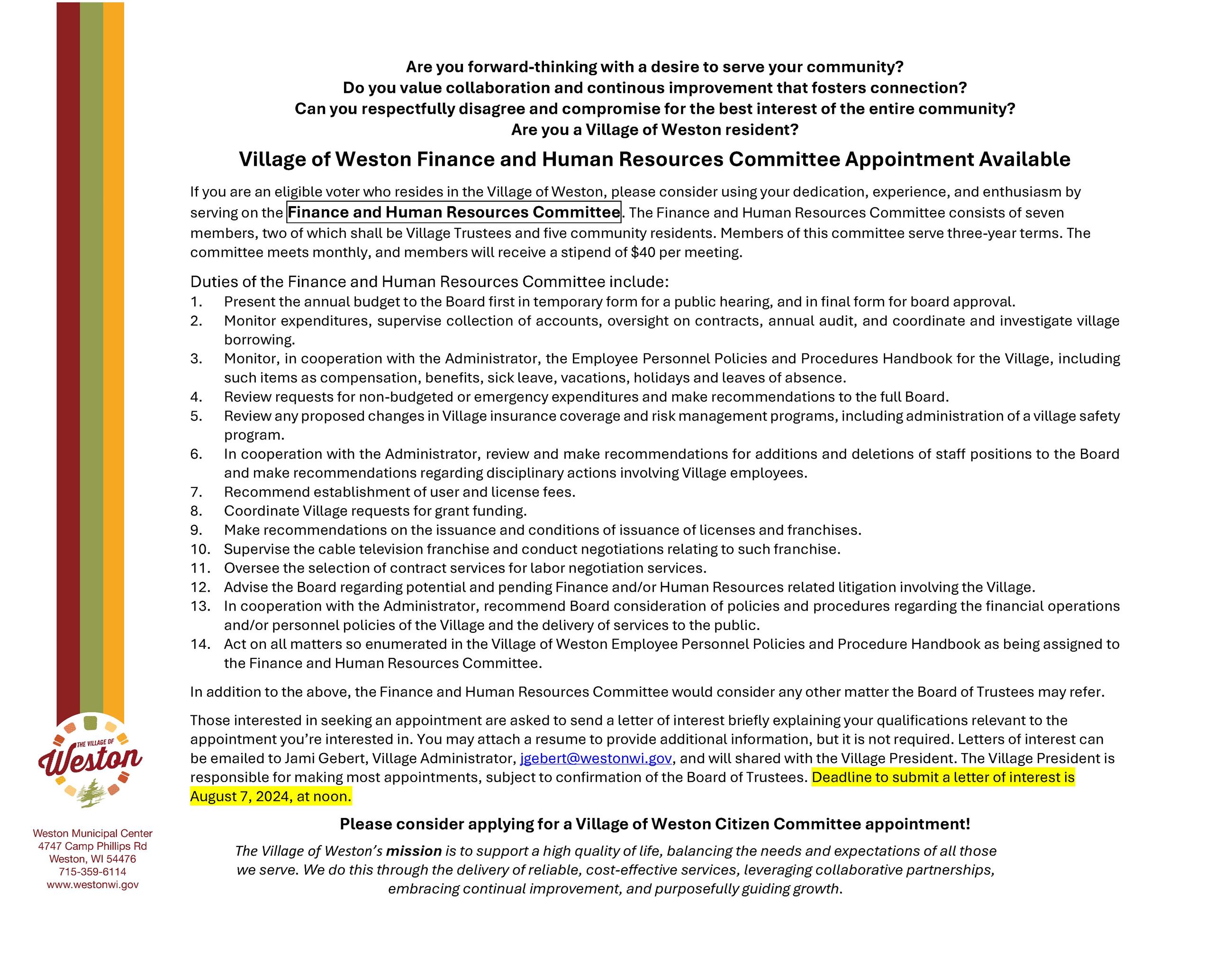 Finance and Human Resources Citizen Appointment Ad, July 2024